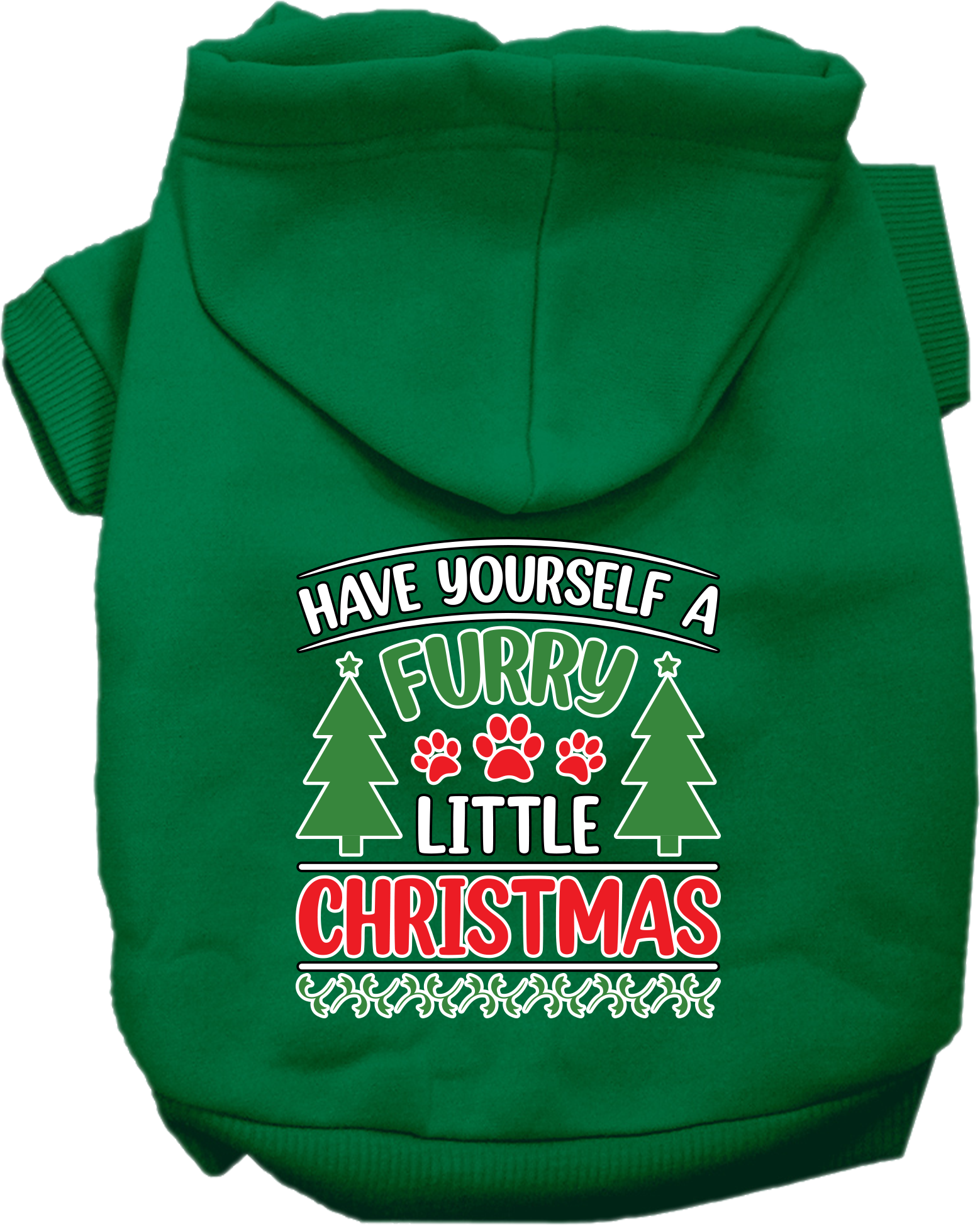 Furry Little Christmas Screen Print Dog Hoodie Emerald Green Size XS